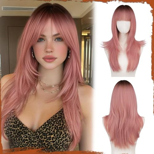 Sofeiyan Perruque Longue Dégradé avec Franges pour Femmes 60cm Lisses et Ondulés Cheveux Synthétiques Vague Perruques Naturelle Droitepour Halloween/Noël,Rose