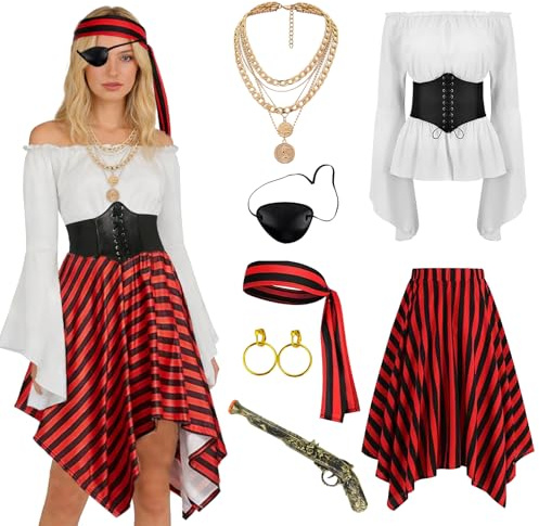 Piratenkostüm Damen, Mittelalter Piraten Off Shoulder Kleidung mit Korsett Gürtel,Kopftuch,Halskette,Ohrringe und Piratenzubehör, Piratenkostüm Erwachsener für Karneval Halloween Cosplay Party (L)