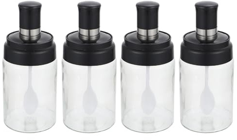 BESPORTBLE Frascos de Condimentos de Vidrio 4 Piezas con Cuchara Integrada y Tapa, Recipientes para Especias y Sal, Envases Transparentes para Cocina y Barbacoa, Fácil Limpieza y Uso