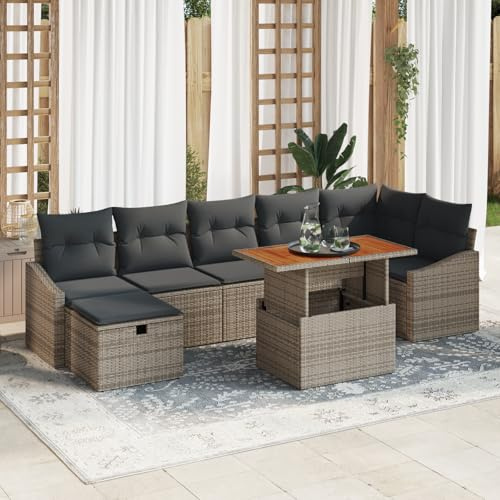 IBUQDDV 8-teiliges Garten Sofa Set mit Kissen in Grau aus Poly Rattan, Outdoor Polstergarnitur mit Stauraum, wetterfestes Terrassenmöbel für Balkon und Terrasse, Bequeme