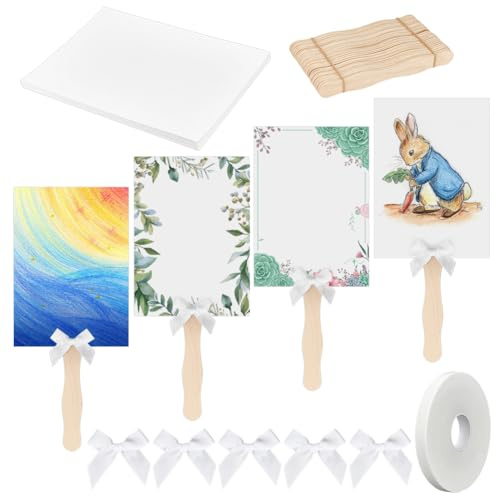 PH PandaHall Set di 50 ventagli per chiesa, in cartoncino bianco, con fiocchi bianchi, per matrimoni, fai da te, con bastoncini di legno e nastro biadesivo, per progetti artistici e personalizzati