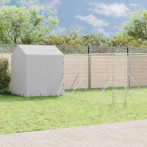 Outdoor-Hundezwinger mit Dach silbern verzinkter Stahl 6x6x2,5m großer Welpenauslauf mit verschließbarem Riegelsystem und wetterfestem Polyethylen-Dach für Hunde, Kaninchen, Voliere