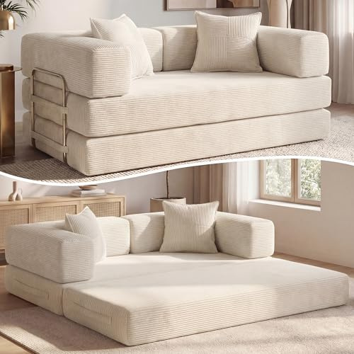 Vipbear Cordstoff Schlafsofa 200×100×70cm, 5-in-1 Umwandelbares Bodensofa aus Kord, Hochdichter Schaumstoff, Haustierfreundlich & Ergonomisch, Keine Montage, Weiß