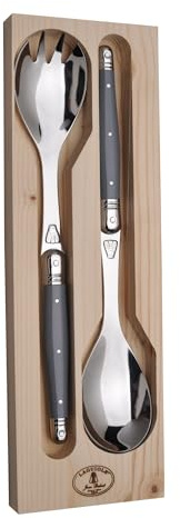 Jean Dubost Salad Servers, Gray Handles - Rust-Resistant Stainless Steel - Includes Wooden Tray - Made in France