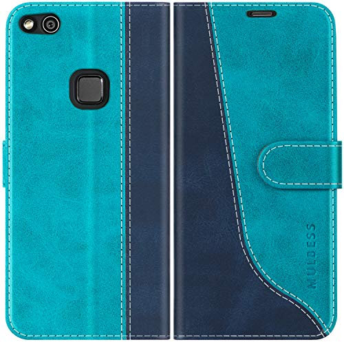 Mulbess für Huawei P10 Lite Hülle, Handyülle Leder mit Kartenfach, Klapphülle mit Magnetverschluss, Flip Case Etui Handytasche Schutzhülle, Stilvoll Mint Blau