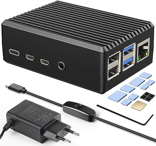 Miuzei Raspberry Pi 4 Gehäuse Aluminium mit Netzteil, Passive Kühlung Case | 5,1V 3A USB-C Netzteil mit EIN/AUS-Schalter, für Pi 4 Modell B 8GB/4GB/2GB/1GB, Kupfer-Kühlkörper, 8 Wärmeleitpads