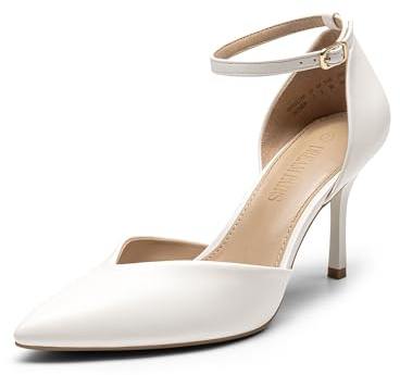 DREAM PAIRS Escarpins Femme à Bout Pointu, Talons Aiguilles 8,5 cm avec Bride Cheville Amovible, Chaussures Confortables et Élégantes,Size 39,Blanc/PU,SDPU2215W