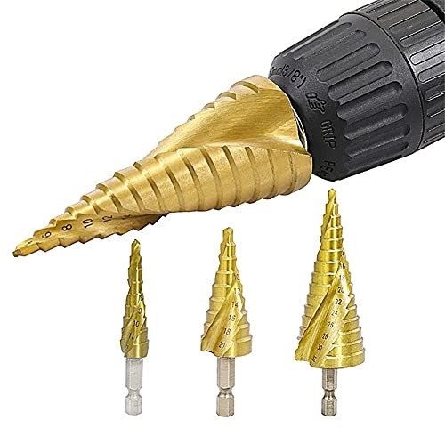 Spiral Grooved Step Drill Bit Set 4pcs HSS Step Drill Bit Titanium Coated Metal Wood Core Drilling Hole Tools with Center Punch Cut Tool Set for DIY Plastic Wood Metal Aluminum Copper
