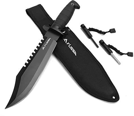 FLISSA Survival Hunting Knife with Sheath, 15-inch Full Tang Fixed Blade Tactical Bowie Knife with Sharpener & Fire Starter for Camping, Outdoor, Bushcraft