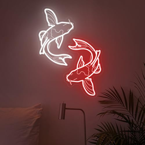 Koi Fish Neon Sign, Two Traditional Tattoo Japanese Koi Fish LED Neon Light, Red White 3D Engraved Lucky Koi Fish Night Lamp for Wall Decor, Bedroom Bar Party Gamer Room Birthday Gift - 14''