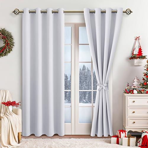 JIUZHEN Verdunklungsvorhänge Thermo Vorhang gegen Hitze Ösen H245xB132cm | 2er Set, Grau Weiß Thermovorhang Hitzeschutz mit Raffhalter Ösenschal Weihnachtsvorhänge UV-Schutz, Gardinen Wohnzimmer Tür