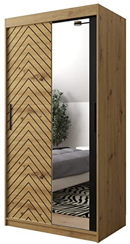 ABIKSMEBLE Armadio Jodełka 2 100 Con Ante Scorrevoli, Asta, Ripiano e Specchio per Camera da Letto (Rovere Artigiano + Nero Opaco, Cassetti: 0)