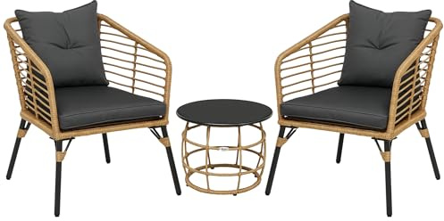 Outsunny Rattan Gartenmöbel-Set, 3-TLG. Sitzgruppe, inkl. Couchtisch und 2 Stühle, Bistro-Set mit Kissen, Balkonmöbel für Terrasse, Balkon, Stahl, Sand+Dunkelgrau