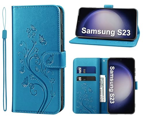 KRAFTCARE Lederhülle für Samsung Galaxy S23 Klapphülle Leder Hülle | Premium PU Leder mit Prägung, Kartenfach, Ständer, Magnetic Closure, RFID Blockierung, Flip Wallet Handyhülle, Blau