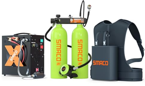 SMACO Mini-Tauchflasche 4L (zusammengebaut aus Zwei 2L Zylindern) für Flachwassertauchen Tragbares Tauchflaschen-Set Unterstützt 30–45 Minuten Atem für Tauchübungen/Angeln/Boot reinigen, Set-C, Grün