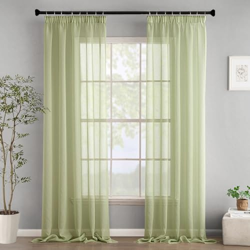 Woaboy Gardinen mit Kräuselband Voile Vorhänge Wohnzimmer Transparent Sheer Curtains Stores Gardine Schlafzimmer Modern Schlaufengardinen 2er Set 140x225cm (BxH) Grün