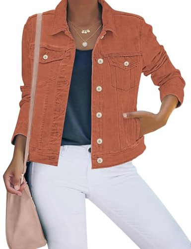 luvamia Button Down Stretch Long Sleeves Jean Jacket Women Denim Jackets Orange Rust Plus Size Jean Jacket Jean Blazer Jacket Women Womens Cruise Wear Clothing 2024 Size XX-Large Fits Size 20 Size 22