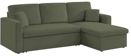 sweeek Divano Letto angolare Reversibile in Velluto a Coste, 3 posti Kaki - 219x84x68 cm