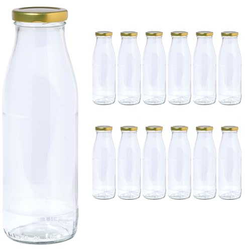 Vitrea 12 leere Glasflaschen 500ml Schraubverschluss Gold - Milchflaschen, Saftflaschen, Flaschen zum Befüllen mit Deckel - für Milch, Saft, Smoothies, Öl - 12 Stück, TO48, Milch