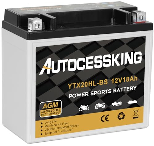 Autocessking YTX20HL-BS Motorcycle Battery, 12V 18AH Rechargeable Maintenance Free Sealed AGM Battery Powersport Replacement Battery for ATV and Scooter