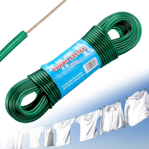 Yimomoyi Wäscheleine Extra Stark mit 4mm Stahleinlage, Wäscheleine 30M, Dehnungsfrei und Witterungsbeständig, Grüne Kunststoff-Ummantelung, Ideal für Garten und Camping, Kapazität 120kg(Grün)