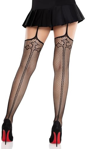 Leg Avenue Calze a Rete con Cucitura Posteriore e Reggicalze, Taglia Unica - Nero