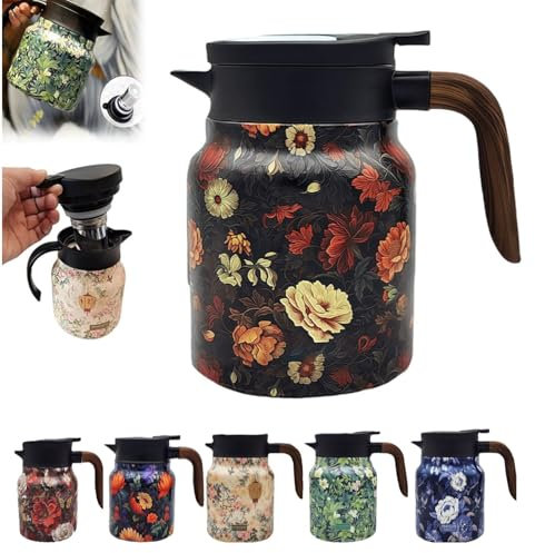 KKwercv Tee-Thermoskanne mit Vintage-Blumenmuster, 1000 ml, große Kapazität, Thermoskanne mit integriertem Teesieb, Edelstahl-Thermokaraffe, Wasserkocher mit Deckel für heiße Getränke