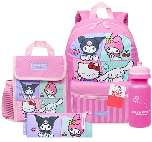 Hello Kitty Sanrio Mochila Escolar Set de 4 Piezas con Botella Agua Estuche Bolsa Almuerzo Cinnamoroll Kuromi Material Escolar