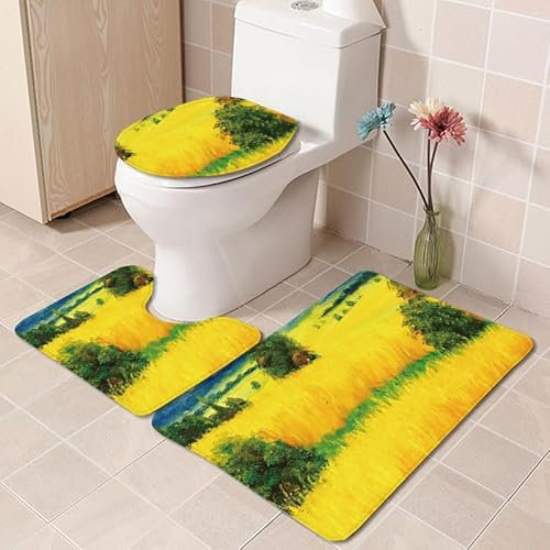 Badezimmerteppich Gelb Grün Graffiti WC Vorleger mit Ausschnitt WC Deckelbezug 3 Teiliges WC Teppich rutschfeste Badgarnitur U förmiger Badematte Waschbar Bad Teppiche Set 50x80 cm