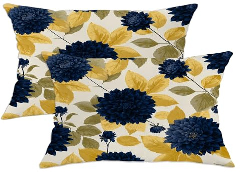 Lot de 2 housses de coussin décoratives à motif floral et dahlia bleu marine et moutarde, décoration d'intérieur pour canapé, lit, 50,8 x 30,5 cm