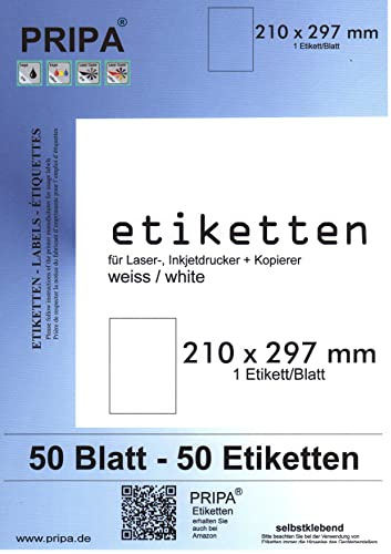 pripa 50 Etiketten A4 210 x 297 mm vollflächig selbstklebend weiß - allround Qualität … (50)