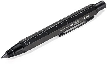 TROIKA ZIMMERMANN 5,6 BLEISTIFT- PEN56/BK -Fallminen-Stift (5,6 mm HB-Mine) - Zentimeter-/Zoll-Lineal - 1:20m/1:50 m Skala - Anspitzer - Messing - lackiert - schwarz - das Original von TROIKA