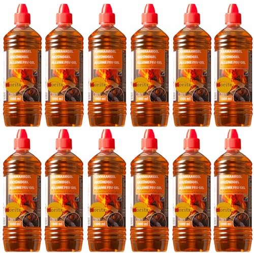12x 1000 ml Grill Anzünder Gel für alle Arten von Kohle - Kamine - Brennpaste in 1Liter Flasche Tischgrill flüssiges Anzündgel Feuergel für Grill und Kamin geruchlose Brennpaste