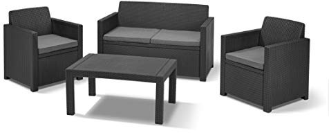 Allibert by Keter Merano Gartenmöbel Set aus Kunststoff, inkl. Sitzkissen, grau, 4-teilig, 2 Sessel, Sofa & Tisch, für Garten & Terrasse, Flache Rattanoptik