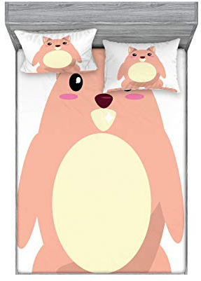 Ambesonne Anime Fitted Sheet & Pillow Sham Set, Beaver Cartoon in Kawaii Style Funny Character for, Decorative Printed 2 Piece Bedding Decor Set, Calking, Pale Coral and Cream