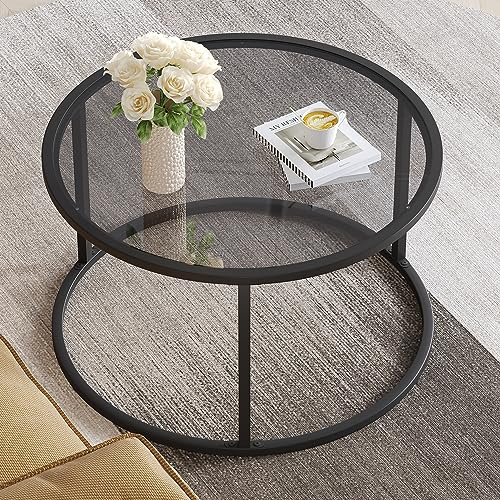 SAYGOER Runder Couchtisch aus Glas für kleine Räume, schlichter, moderner Mitteltisch für Wohnzimmer, Heimbüro, Sofa-Beistelltisch mit Metall-Stahlrahmen, einfache Montage, Grauschwarz