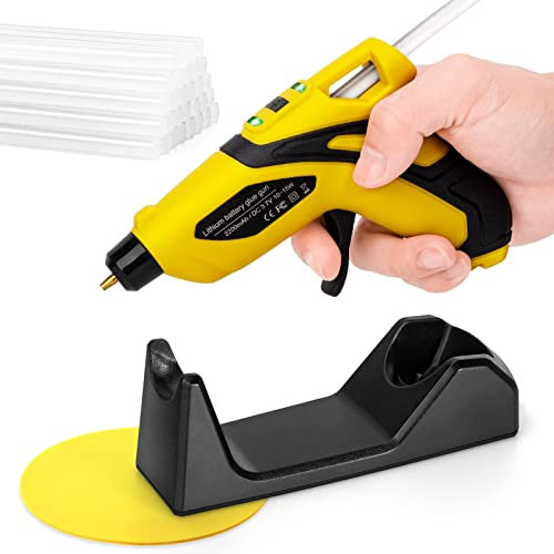 VDSTAR Pistola per colla a caldo con 30 bastoncini di colla, senza fili, con batteria al litio da 2200 mAh, interruttore on/off per riparazioni rapide a casa, arte, artigianato, fai da te (Giallo B)