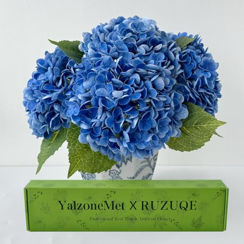 YalzoneMet 3 hortensias artificiales de color azul oscuro de tacto real de 21 pulgadas de largo, hortensias artificiales de flores grandes para bodas, fiestas, centros de mesa, jardín, Navidad,