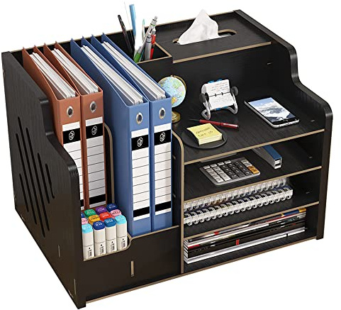 Schreibtisch-Organizer aus Holz, große Kapazität, Schreibtisch-Organizer, ordentlicher Aufbewahrungs-Halter, DIY-Bürobedarf, Aufbewahrungsbox für A4-Papiere, Dokumente und Notizbuch(JB07 Schwarz)