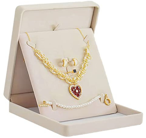 Fadsace Plush Velvet Jewelry Set Box Organizer Necklace Earring Ring Necklace Bracelet Gift Display Case Wedding Jewelry Storage Holder Gift Box (Beige)
