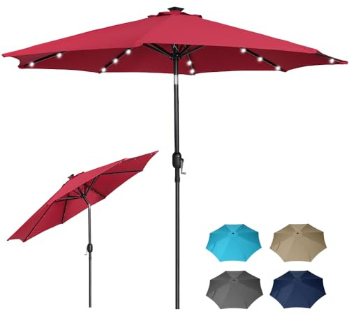 Panana 2.7m Garden Parasol with 24 Solar LED Lights, Tilting Patio Umbrella with Crank Handle, UV Protection Sun Shade Market Parasol for Garden, Deck, Pool & Terrace (Red)