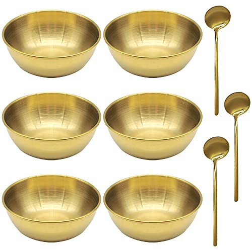 GOIYZTTR Conjunto de 6 Cuencos Aperitivos Acero Inoxidable Tazón de Salsa Dorada Mini Ronda Condimento Platos con 3 Cucharas Para Diversos Condimentos