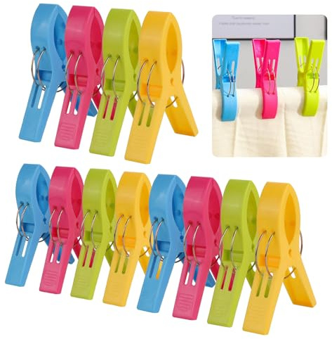 12 Pack Beach Towel Clips, 4 Colors Plastic Large Laundry Clip Towel Pegs for Sunbeds, Sun Loungers, Blankets, Pool Chairs, Cruise