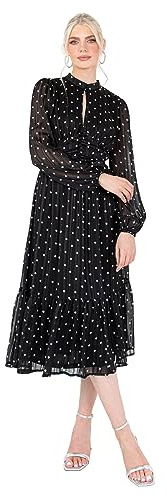 Lovedrobe Women's Midi Dress Ladies Long Sleeve High Neck Polka Dot Tie Back A-line Tea Dress for Party Occasion Office Wear Dress, Black