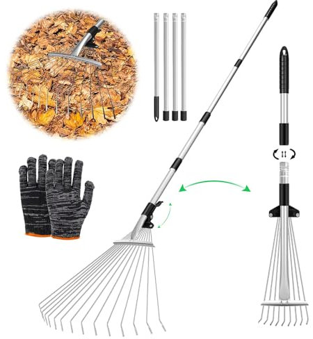 Laubrechen Verstellbar mit Stiel 215cm,Fächerbesen Laubbesen,Laubharke Metall mit Handschuhe,Gartenrechen,Rechen Garten,Laubfächer,Rasenrechen zum Reinigen von Pflanzen, Rasen und Hof