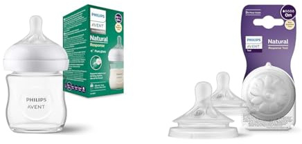 Philips Avent Biberon en verre à Réponse Naturelle - 120 ml, sans BPA & Avent Lot de 2 tétines pour biberon à Réponse Naturelle 0% BPA, Débit 1 pour Nouveau-né de 0 mois (Modèle SCY961/02)