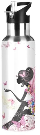 Borraccia termica estiva con farfalla e animali in acciaio inox, per bambini, con coperchio con cannuccia, bottiglia termica a tenuta stagna, per bicicletta, corsa, passeggiate all'aperto, 590 ml