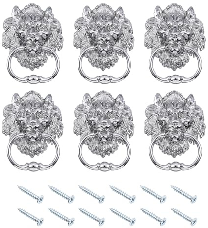 QUARKZMAN 6 Stück, 6 Zoll Vintage Fronttür-Knopf Ring-Ziehgriff, Silber | Löwenkopf-Ziehknöpfe Zinklegierung Löwen-Türgriff Dekorativer Tore Schränke Schubladen