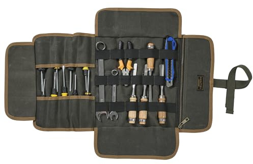 Segeltuch Werkzeugtasche, 16OZ gewachstes Segeltuch Werkzeugrolle - Robuste Tool Storage Roll mit 9 Slots & 1 Reißverschlusstasche & Gummiband, für Elektriker Bauunternehmer Handwerker - Armee Grün