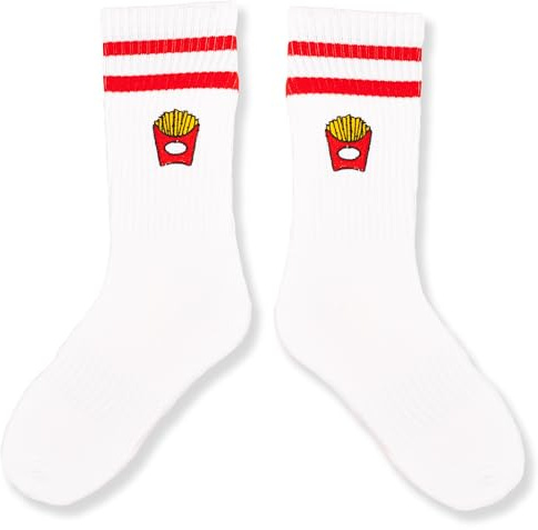 Moin Socks Chaussettes de tennis blanches avec sac à frites brodé et rayures rouges, unisexes, Blanc., 38-42